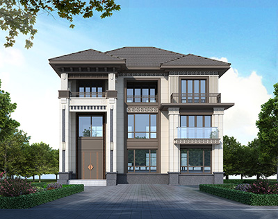 三层中式别墅外观效果图有堂屋BZ3693-新中式风格